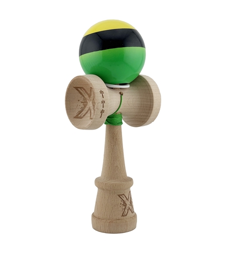 Kendama X Originala, Profesionala, Flippy, Super Sticky cu Cupe Mari KING SIZE V3, Gaura in Baza, Rulment Metalic, din lemn 18 cm, Ata 62/65 cm, Galben/Negru/Verde