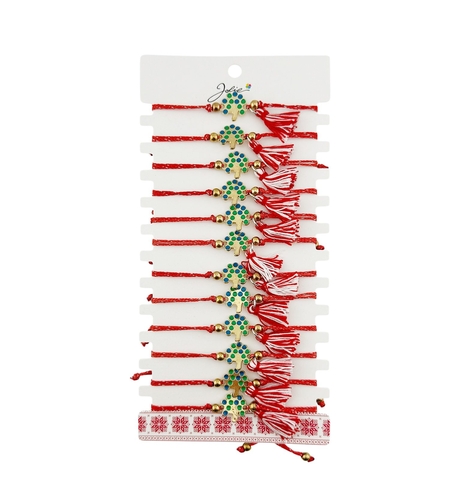Martisor Bratara cu Ciucure pentru Dama, Jolie, Model Copacul Vietii, Set 12 bucati, Pandativ din Inox, Snur Reglabil, Rosu/Alb