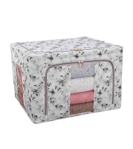 Cutie Depozitare, Vafy, 66L, din Material Textil, 50 x 40 x 33 cm, pentru Haine si Lenjerii, Model Fluturasi, Gri/Auriu