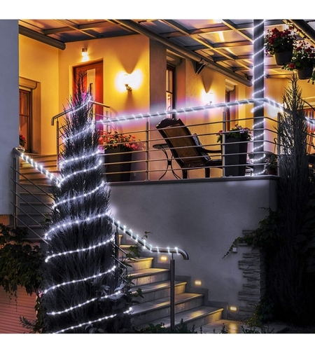 Instalatie luminoasa de Craciun tip furtun luminos, 100 LED-uri, 12 metri lungime, 8 programe, 2 metri prelungitor, sarma din cupru, incarcare solara, alb rece, Flippy