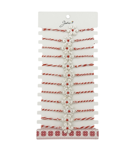 Bratara Martisor pentru Dama, Jolie, Model Floare Argintie, Set 12 bucati, Pandativ Argintiu din Inox cu Elemente Multicolore, Snur Alb/Rosu