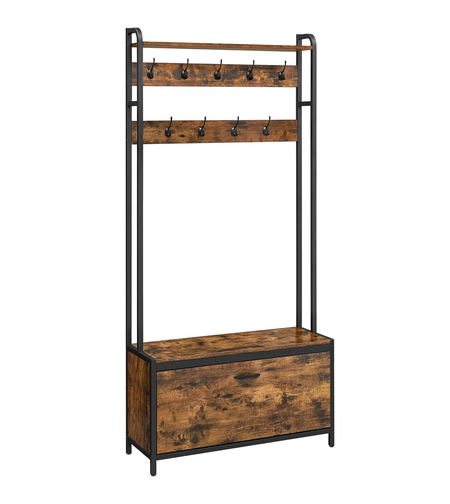 VASAGLE Cuier cu dulap de depozitare pantofi, cadru din otel, stil industrial, 32x85x180cm, maro rustic