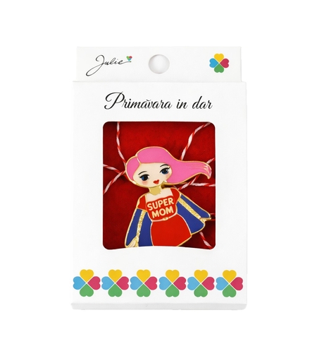 Martisor Brosa Mica in Cutie, Jolie, Dimensiune Brosa 2,5-3 cm, Material Metal, Model Super Mama, Multicolor