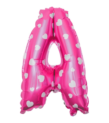 Balon Folie Metalizata Litera A, Flippy, 40 cm, Cu Imprimeu Inimioare, Umflati cu Heliu sau Aer, Ambalaj Individual, Pai inclus, Roz