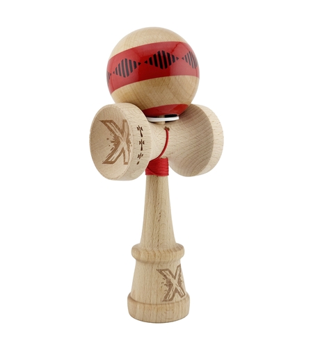 Kendama X Originala FREQUENCY, Profesionala, Flippy, Cupe Mari KING SIZE V3, Super Sticky, Gaura in Baza, Rulment Metalic, din lemn 18 cm, Ata 62/65 cm, Rosu/Maro