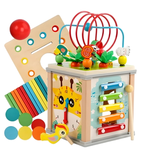Cub Educativ Montessori din Lemn, Flippy, Multifunctional, Sortare Forme si Culori, Activitati Educative, Multicolor, Jucarie Interactiva