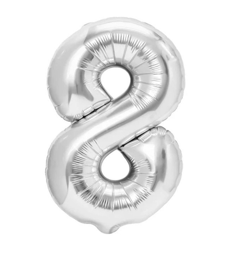 Balon din Folie Metalizata, Flippy, Figurina Cifra, Tema Aniversare 100 cm, Ambalaj Individual, Pai inclus, Umflare cu Aer sau Heliu, Argintiu, Cifra 8