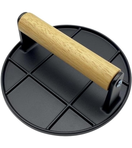 Presa Manuala pentru Carne, Flippy, din Aliaj de Aluminiu, Maner din Lemn, Presa pentru Burgeri, Usor de Curatat si Folosit, Rotunda, 16x16x6 cm, Neagra