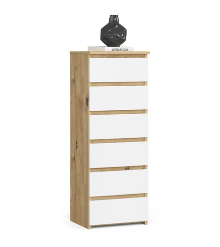Comoda cu 6 sertare, PAL laminat 16 mm, 40x35x109 cm, stejar artisan si alb