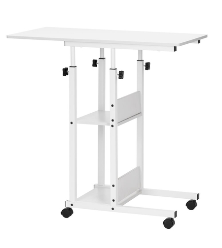 Birou reglabil pe inaltime cu rafturi si roti, blat din lemn si structura metalica, 80x40x76-86 cm, alb
