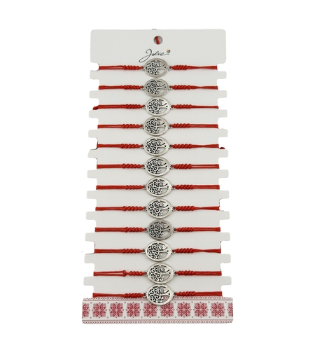 Bratara Martisor pentru Dama, Jolie, Model Copac Rotund, Set 12 bucati, Pandativ Argintiu din Inox cu Snur Rosu Ajustabil