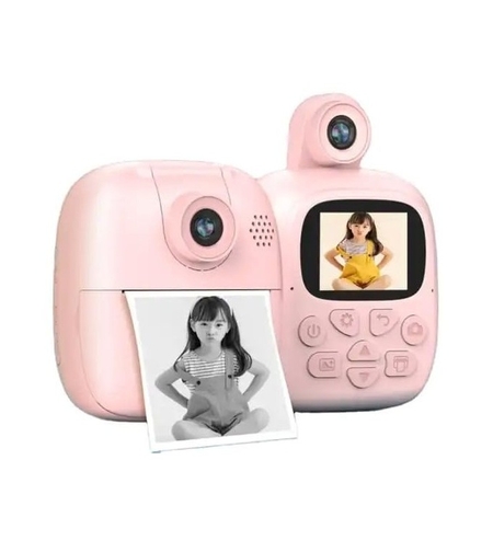 Set Camera Instantanee pentru Copii, Flippy, Camera 180° Selfie, Ecran HD 2'', 24MP, 720P Video, 1200 mAh, cu Functie de Printare Alb-Negru, cablu USB-C, Bluetooth, Compatibil iOS/Android, Imprimare APP, Model Bunny, Roz