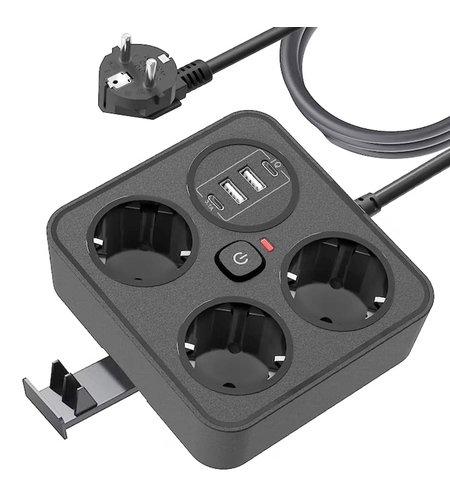 Prelungitor Multifunctional pentru Birou, Vafy, 3 Prize, 2 USB-A, 2 TYPE-C, Suport pentru Telefon, 3250W, Lungime Cablu 2 m, 11.4 x 12.4 cm, Negru