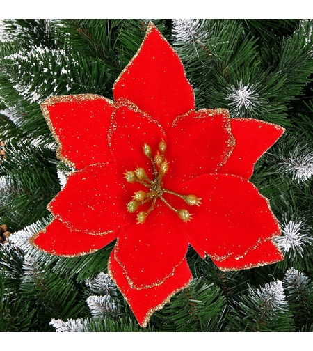 Set 10 ornamente pentru bradul de Craciun, stea Poinsettia, 13cm, rosu cu sclipici