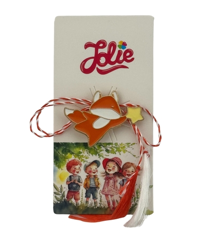 Martisor pentru copii, Jolie, Material Metal, Ambalaj Carton cu Design, Dimensiune Brosa Aproximativ 2x2 cm, Multicolor, Model Vulpe