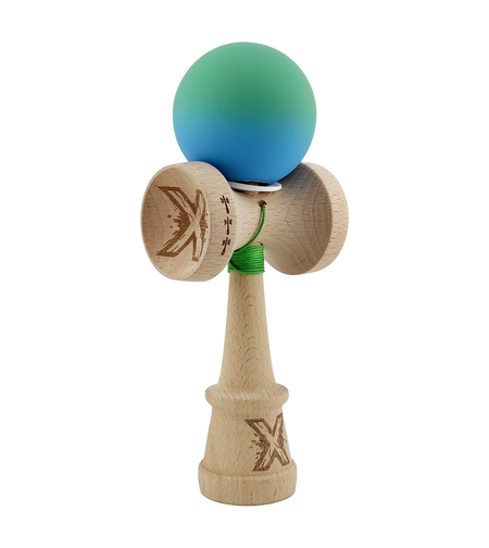 Kendama X Originala, Profesionala, Flippy, Cupe Mari KING SIZE V3, Rubber Grip, Gaura in Baza, Rulment Metalic, din lemn 18 cm, Ata 62/65 cm, Gradient Verde/Albastru