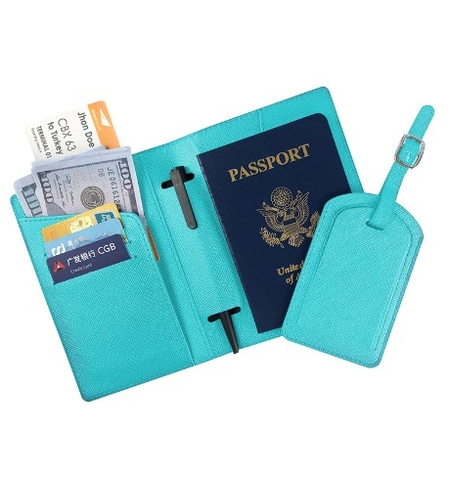 Portofel pentru Pasaport si Carduri, Vafy, 23x16 cm, 70g, din Piele PU, Suport Pix, Accesoriu Suport Eticheta, Unisex, Multifunctional, Bleu
