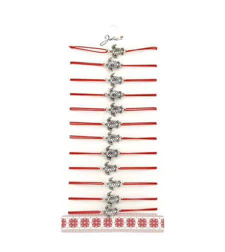 Bratara Martisor pentru Dama, Jolie, Model Broasca Testoasa, Set 12 bucati, Pandativ Argintiu din Inox cu Snur Rosu Ajustabil