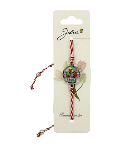 Martisor Bratara Snur Alb-Rosu, Jolie, Pandantiv Metalic, Model Floare cu 4 Petale