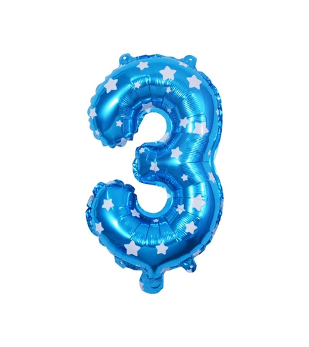 Balon din Folie Metalizata Flippy, Figurina Cifra, Imprimeu Stele, Tema Aniversare 80 cm, Ambalaj Individual, Pai inclus, Umflare cu Aer sau Heliu, Albastru, Cifra 3