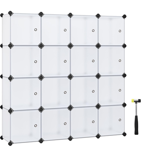 SONGMICS Unitate de depozitare cu 16 cuburi, pentru pantofi sau haine, personalizabil, 31x123x123 cm, alb transparent