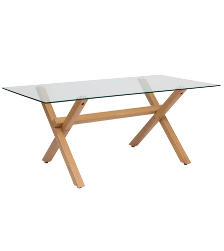 Masa dining bucatarie Atmosphera Jorel cu blat din sticla si picioare metalice, 180x90x75 cm, efect stejar