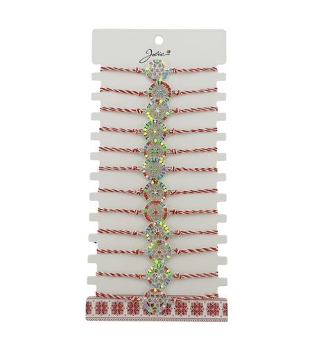Bratara Martisor pentru Dama, Jolie, Model Floaricica in Cerc, Set 12 bucati, Pandativ Argintiu din Inox cu Elemente Multicolore, Snur Alb/Rosu