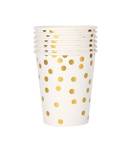 Set 10 Pahare, Flippy, Imprimeu cu Buline, din Carton, 250 ml, 7.5 x 8.5 x 5.2 cm, Auriu