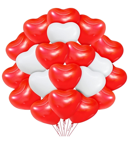Set 10 Baloane, Flippy, Model Inima, din Latex, 25 cm, Alb/Rosu