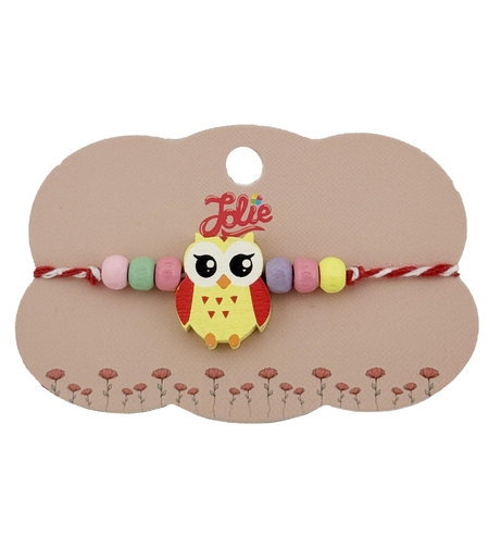 Bratara Martisor pentru Copii, Jolie, Pandativ Bufnita, cu Margele Multicolore, Snur Alb/Rosu, Galben
