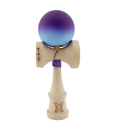 Kendama X Originala, Profesionala, Flippy, Big Cups V2, Rubber Grip cu Cupe Mari, Rulment Metalic cu Ata 55 cm, Violet/Albastru