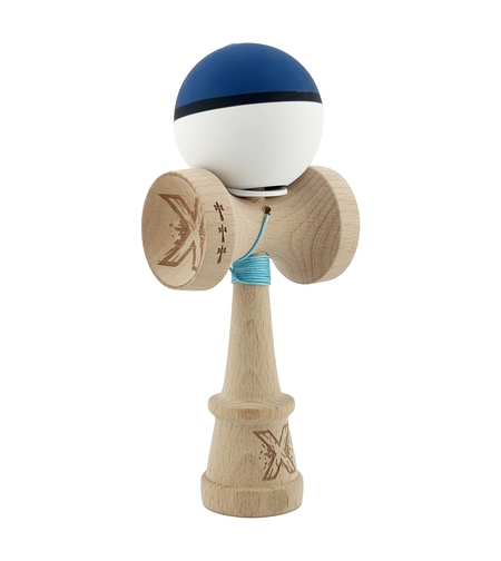 Kendama X Originala, Profesionala, Flippy, Cupe Mari KING SIZE V3, Rubber Grip, Gaura in Baza, Rulment Metalic, din lemn 18 cm, Ata 62/65 cm, S Bicolor Albastru inchis/Alb