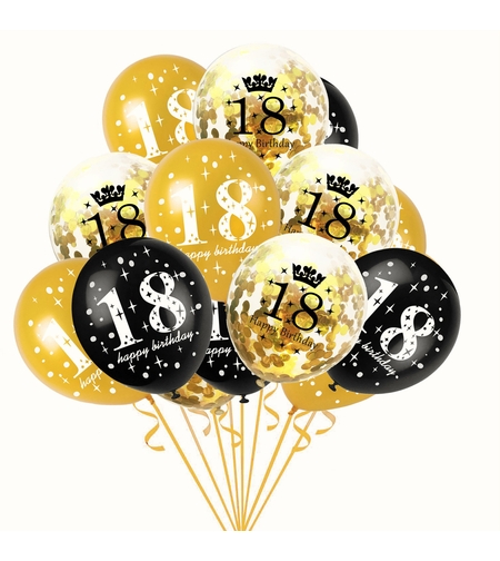 Set 18 Baloane Majorat, Flippy, din Latex, Metalizate, Mesaj 18 Happy Birthday, 30 cm, cu Confetti, Auriu/Negru