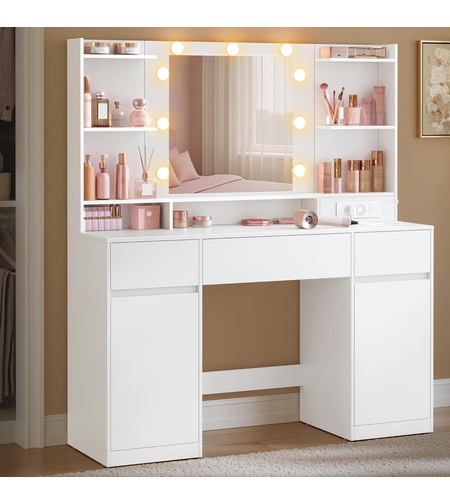 VASAGLE Masa de toaleta Kailyn cu oglinda, iluminare LED reglabila, priza integrata AC si USB, fronturi MDF, 40x107x144 cm, alb