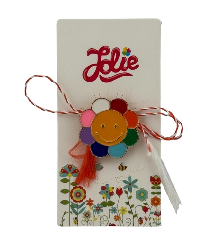 Martisor pentru copii, Jolie, Material Metal, Ambalaj Carton cu Design, Dimensiune Brosa Aproximativ 2x2 cm, Multicolor, Model Floare