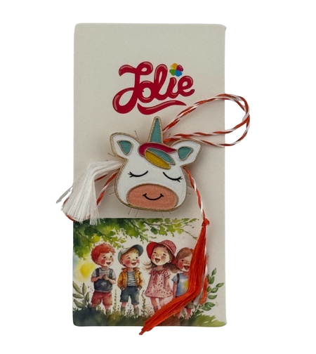 Martisor pentru copii, Jolie, Material Metal, Ambalaj Carton cu Design, Dimensiune Brosa Aproximativ 2x2 cm, Multicolor, Model Unicorn