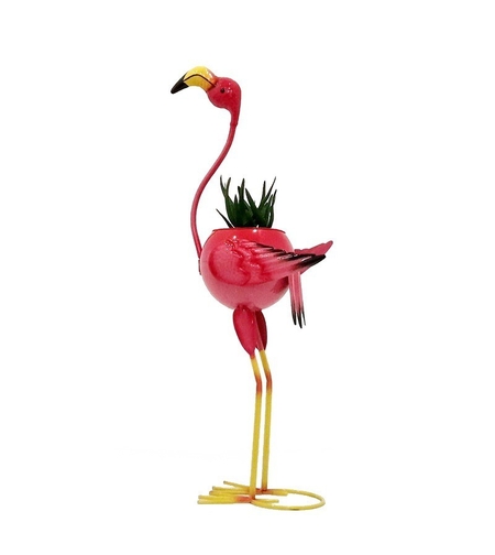 Decoratiune pentru Gradina, Vafy, Flamingo pentru Gradina cu Suport pentru Plante Flori, Ornament de Ghiveci de Flori, Model Flamingo, din Fier, 73 x 34 x 22 cm, Roz