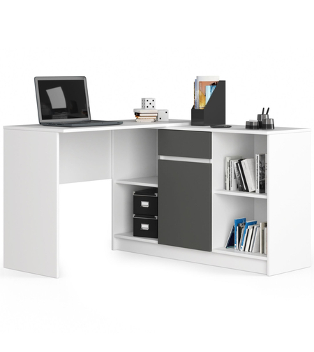 Birou de colt cu sertar, usa si 6 rafturi, PAL laminat 16 mm, 120x126x79 cm, alb si gri