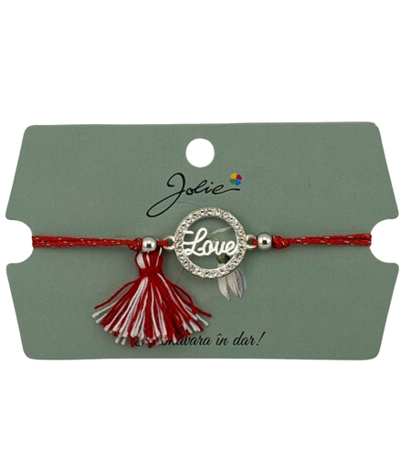 Martisor Bratara Ciucure, Jolie, Snur Rosu Reglabil, cu Pandantiv, Model Cerc Love