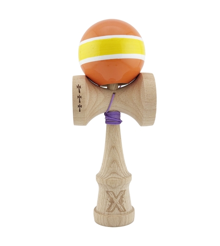 Kendama X Originala, Profesionala, Flippy, Big Cups V2, Super Sticky Legendary Cupe Mari, Rulment Metalic cu Ata 55 cm, Portocaliu/Galben/Alb