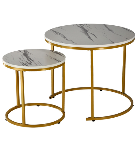 Set 2 masute cafea suprapozabile, MDF si metal, 60x50 cm si 40x40 cm, alb marmura si auriu
