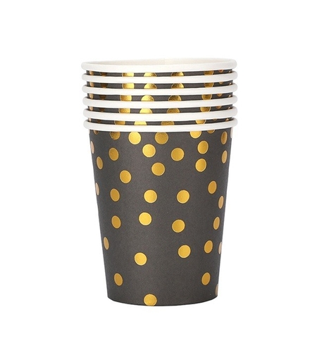 Set 10 Pahare, Flippy, Imprimeu cu Buline, din Carton, 250 ml, 7 x 8.5 x 5 cm, Negru/Auriu