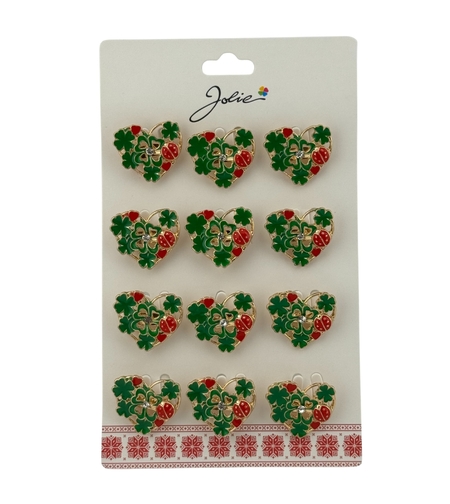 Set 12 Brose Martisor Primavara, Jolie, Model Inima Impodobita cu Trifoi si Buburuza, Verde