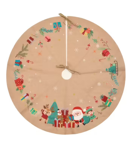 Covoras de pus sub bradul de Craciun, diametru 90 cm, model Mos Craciun, iuta, bej