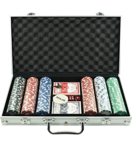 Set de Poker Complex cu 300 de jetoane Flippy, Include 2 seturi de carti, 5 zaruri, Echipat cu servieta de aluminiu cu dimensiunile 39x7x27 cm