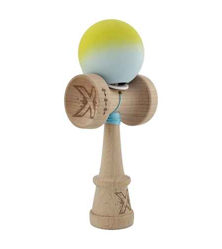 Kendama X Originala, Profesionala, Flippy, Rubber Grip, Cupe Mari KING SIZE V3, Gaura in Baza, Rulment Metalic, din lemn 18 cm, Ata 62/65 cm, Gradient Galben/Verde deschis