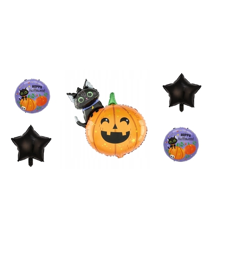 Set 5 Baloane din Folie Metalizata, Flippy, Figurine, Tema Halloween, Pai Inclus, Ambalaj Individual, Umflare cu Aer sau Heliu, Figurina Dovleac si Pisica 84x69 cm, Stelute si Cerculete 45 cm, Multicolor