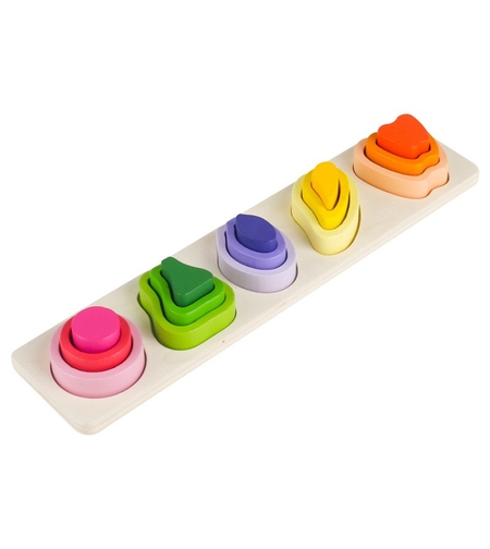 Jucarie Montessori din Lemn, Flippy, Tip Puzzle, cu 5 Forme Asimetrice, 15 Piese, Model Fructe, Educativa, Interactiva, Creativa, Materiale Non Toxice, +2 Ani, 29x6.5 cm, Multicolor