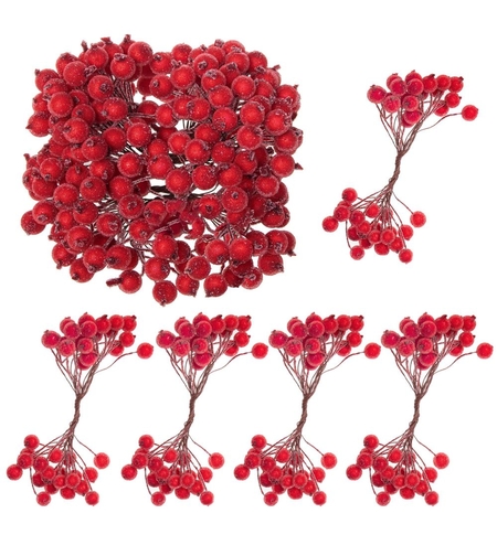 Set decorativ ramuri cu merisoare rosii artificiale inghetate, 15 cm, 200 boabe, rosu