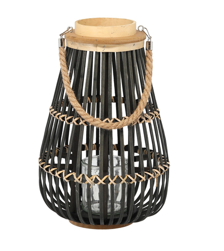 Lampion decorativ din lemn cu insertie din sticla, 25x40 cm, negru